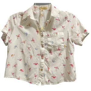 Love Notes Size Small NWT White Short Sleeve Button Up Flamingo Print